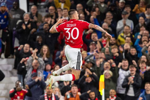 Benjamin Sesko seen celebrating after goal during UEFA Champions League 2026 2027 league phase game between teams of Manchester United, ManU and Sabah FC (Ernest Kolodziej Ball Raw Images) Manchester Old Trafford England Copyright: xErnestxKolodziejx ernestkolodziej_manchester_sabah_2627_OL_2563