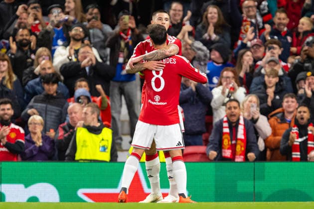 Benjamin Sesko and Bruno Fernandes seen celebrating after goal during UEFA Champions League 2026 2027 league phase game between teams of Manchester United, ManU and Sabah FC (Ernest Kolodziej Ball Raw Images) Manchester Old Trafford England Copyright: xErnestxKolodziejx ernestkolodziej_manchester_sabah_2627_OL_2597