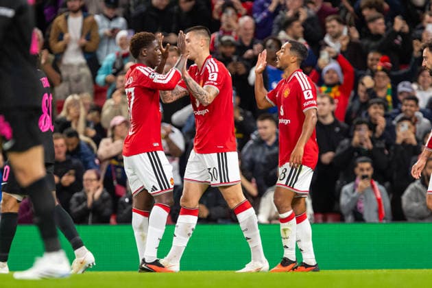 Benjamin Sesko and Kobbie Mainoo seen celebrating after goal during UEFA Champions League 2026 2027 league phase game between teams of Manchester United, ManU and Sabah FC (Ernest Kolodziej Ball Raw Images) Manchester Old Trafford England Copyright: xErnestxKolodziejx ernestkolodziej_manchester_sabah_2627_OL_2632
