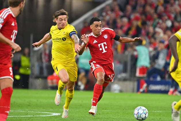 Jamal MUSIALA, Bayern Munich, Action, Tackle against Patrick Berg Glimt, Soccer, Champions League, 2026–27 Season, Group Stage: FC Bayern Munich vs. Bodo Glimt on September 10, 2026