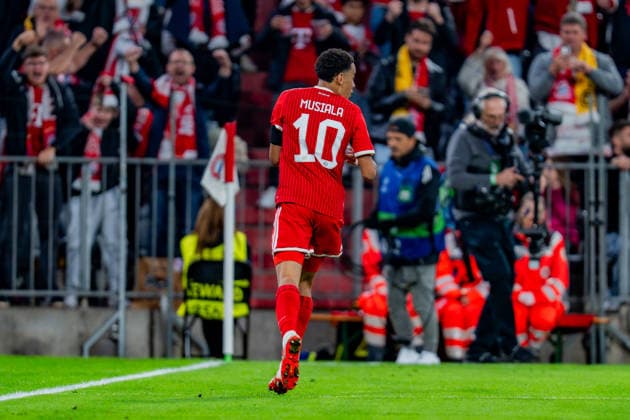 UEFA Champions League, Matchday 1, FC Bayern Munich vs. Bodo Glimt on September 10, 2026: Goal and celebration after Jamal Musiala scores the 1-0 goal, with Konrad Laimer, Joshua Kimmich, and Michael Olise Copyright: xBahhoxKarax