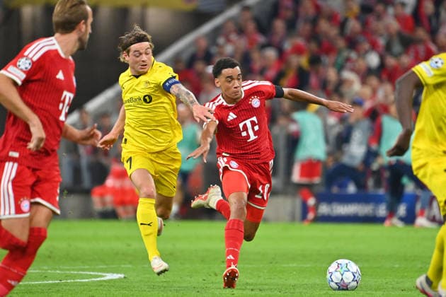 Jamal MUSIALA, Bayern Munich, Action, Tackle against Patrick Berg Glimt, Soccer, Champions League, 2026–27 Season, Group Stage: FC Bayern Munich vs. Bodo Glimt on September 10, 2026