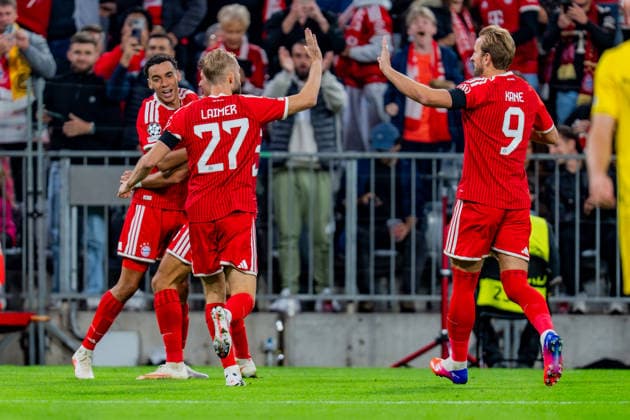 UEFA Champions League, Matchday 1, FC Bayern Munich vs. Bodo Glimt on September 10, 2026: Goal and celebration after Jamal Musiala scores the 1-0 goal, with Konrad Laimer, Joshua Kimmich, and Michael Olise Copyright: xBahhoxKarax