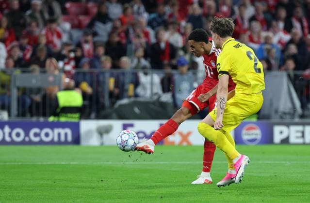 September 10, 2026, GER, Soccer, Men s, UEFA Champions League, Group Stage, 2026–2027 Season, Matchday 1, FC Bayern Munich vs. FK Bodø Glimt Goal: 1–0 Scorer: Jamal Musiala (FC Bayern Munich) scores the 1–0 goal; on the right, Villads Nielsen (FK Bodø Glimt); Munich, Allianz Arena, Bayern, Germany Copyright: xNordphoto Schneiderx