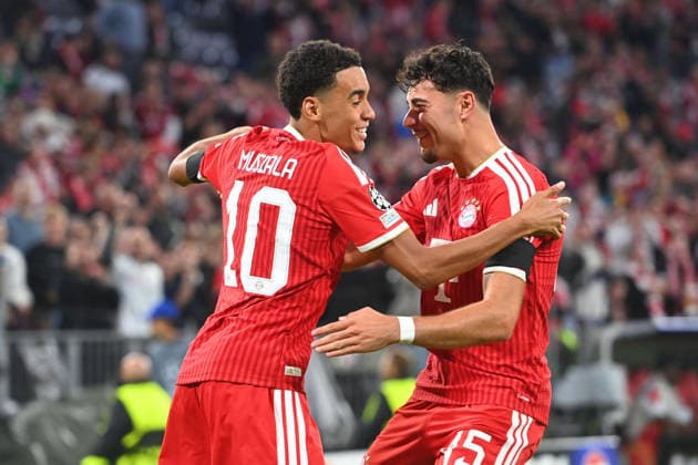 Goal celebration: Jamal MUSIALA, Bayern Munich, after the 1-0 goal by Aleksandar PAVLOVIC; Bayern Munich celebration, joy, excitement, action, soccer, Champions League, 2026-27 season, League stage: FC Bayern Munich vs. Bodo Glimt on September 10, 2026