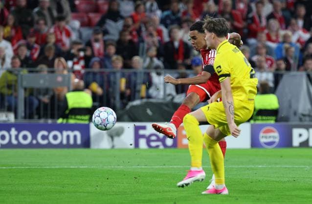 September 10, 2026, GER, Soccer, Men s, UEFA Champions League, Group Stage, 2026–2027 Season, Matchday 1, FC Bayern Munich vs. FK Bodø Glimt Goal: 1–0 Scorer: Jamal Musiala (FC Bayern Munich) scores the 1–0 goal; on the right, Villads Nielsen (FK Bodø Glimt); Munich, Allianz Arena, Bayern, Germany Copyright: xNordphoto Schneiderx