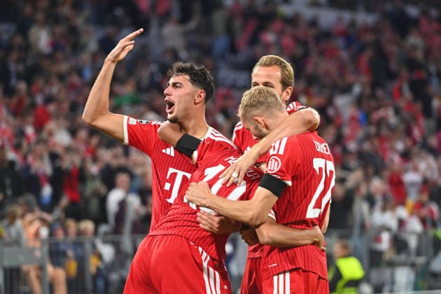 Goal celebration: Jamal MUSIALA, Bayern Munich, after the 1–0 goal by Aleksandar PAVLOVIC, Bayern Munich; Harry KANE, Bayern Munich, Konrad LAIMER of Bayern Munich: celebration, joy, excitement, action, soccer, Champions League, 2026–27 season, group stage: FC Bayern Munich vs. Bodø Glimt on September 10, 2026