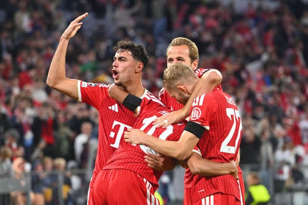 Goal celebration: Jamal MUSIALA, Bayern Munich, after the 1–0 goal by Aleksandar PAVLOVIC, Bayern Munich; Harry KANE, Bayern Munich, Konrad LAIMER of Bayern Munich: celebration, joy, excitement, action, soccer, Champions League, 2026–27 season, group stage: FC Bayern Munich vs. Bodø Glimt on September 10, 2026