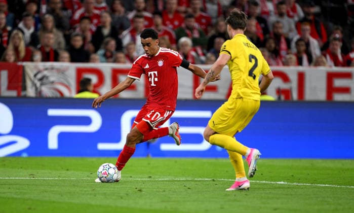 SOCCER CHAMPIONS LEAGUE 2026–2027 SEASON Preliminary Round, Matchday 1, September 10, 2026: FC Bayern Munich vs. FK Bodø Glimt; Jamal Musiala (left), FC Bayern Munich, vs. Villads Nielsen (right), FK Bodø Glimt