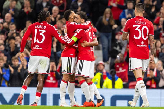Bruno Fernandes and players of Manchester United, ManU seen celebrating after goal during UEFA Champions League 2026 2027 league phase game between teams of Manchester United and Sabah FC (Ernest Kolodziej Ball Raw Images) Manchester Old Trafford England Copyright: xErnestxKolodziejx ernestkolodziej_manchester_sabah_2627_OL_2439