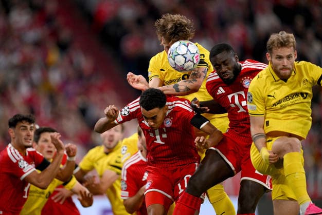 SOCCER CHAMPIONS LEAGUE 2026-2027 SEASON Preliminary Round, Matchday 1, September 10, 2026 FC Bayern Munich vs. FK Bodø Glimt (left), Jamal Musiala, FC Bayern Munich vs. Andreas Helmersen, FK Bodo Glimt vs. Dayot Upamecano, FC Bayern Munich vs. Ole Didrik Blomberg, FK Bodo Glimt