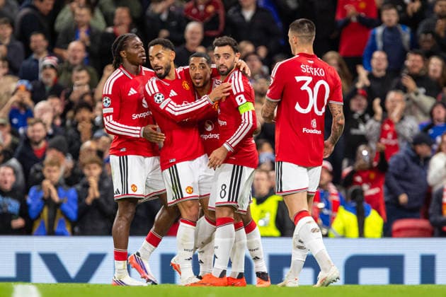 Bruno Fernandes and players of Manchester United, ManU seen celebrating after goal during UEFA Champions League 2026 2027 league phase game between teams of Manchester United and Sabah FC (Ernest Kolodziej Ball Raw Images) Manchester Old Trafford England Copyright: xErnestxKolodziejx ernestkolodziej_manchester_sabah_2627_OL_2446