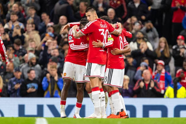 Bruno Fernandes and players of Manchester United, ManU seen celebrating after goal during UEFA Champions League 2026 2027 league phase game between teams of Manchester United and Sabah FC (Ernest Kolodziej Ball Raw Images) Manchester Old Trafford England Copyright: xErnestxKolodziejx ernestkolodziej_manchester_sabah_2627_OL_2450