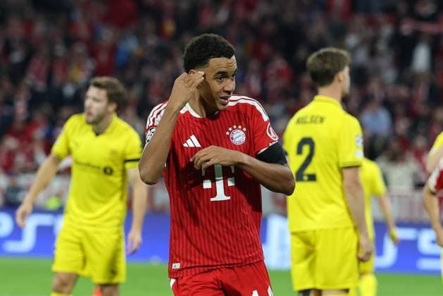 Jamal Musiala celebrates his goal for FC Bayern Munich, making it 1–0, FC Bayern Munich vs. FK Bodo Glimt, Soccer, UEFA, Champions League, Group Stage, September 9, 2026, Munich, Bavaria, Germany Copyright: xkolbert-press ChristianxKolbertx