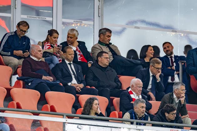In the stands: Uli Hoeness, Honorary President, FC Bayern Munich; Rouven Kasper, Executive Board Member for Marketing, FC Bayern Munich; Max Eberl, Director of Sports, FC Bayern Munich, and Jan Christian Dreesen, CEO, FC Bayern Munich AG; behind them, Dr. Markus Söder, Minister-President of Bavaria; below them, Walter Mennekes, Vice President, FC Bayern Munich, and Herbert Hainer, President and Chairman of the Supervisory Board, FC Bayern Munich GER; FC Bayern Munich vs. FK Bodo Glimt, soccer, UEFA Champions League, group stage, Matchday 1, 2026–2027 season, September 10, 2026 DFL DFB regulations prohibit any use of photographs as image sequences and or quasi-video. Photo: HMB Media, Heike Feiner Copyright: HMBxMedia HeikexFeiner
