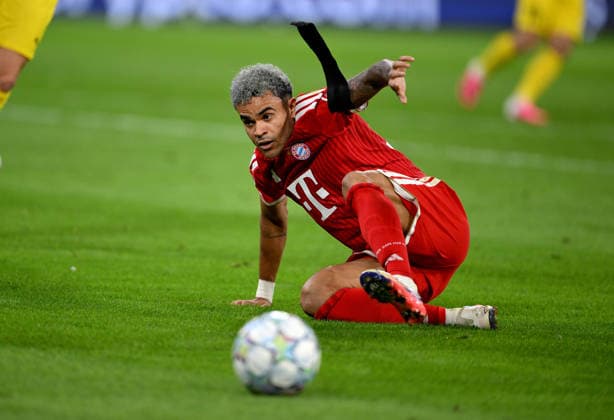 SOCCER CHAMPIONS LEAGUE 2026–2027 SEASON Preliminary Round, Matchday 1, September 10, 2026: FC Bayern Munich vs. FK Bodø Glimt, Luis Díaz; FC Bayern Munich Down and Out