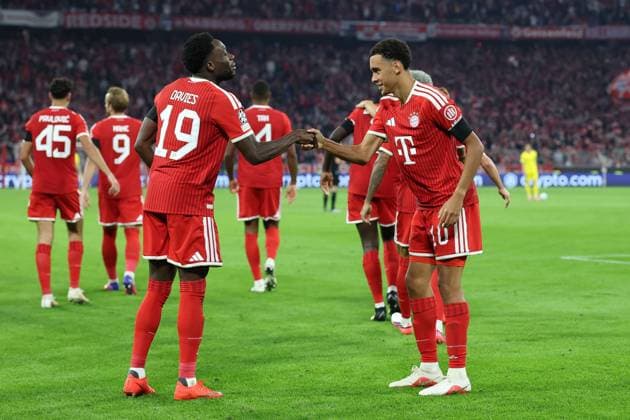 Goal celebration by Alphonso Davies (19, FC Bayern Munich) and Jamal Musiala (10, FC Bayern Munich) after the 1-0 win; FC Bayern Munich vs. FK Bodo Glimt, Soccer, UEFA, Champions League, Group Stage, September 9, 2026, Munich, Bavaria, Germany Copyright: xkolbert-press ChristianxKolbertx