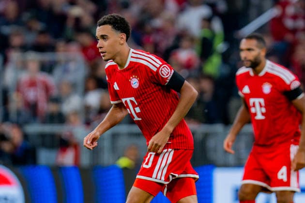 UEFA Champions League, Matchday 1, FC Bayern Munich vs. Bodo Glimt on September 10, 2026: Goal and celebration after Jamal Musiala scores the 1-0 goal, with Konrad Laimer, Joshua Kimmich, and Michael Olise Copyright: xBahhoxKarax