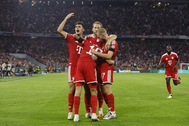 MUNICH - (l-r) Aleksandar Pavlovic of FC Bayern Munchen, Jamal Musiala of FC Bayern Munchen, Harry Kane of FC Bayern Munchen, Konrad Laimer of FC Bayern Munchen celebrate 1-0 during the Champions League between FC Bayern Munich and FK Bodo Glimt on September 10, 2026 at the Allianz Arena in Munich, Germany. BART STOUTJESDIJK ANP UEFA Champions League 2026 27 xVIxANPxSportx xBartxStoutjesdijkxIVx 567944660 originalFilename: 567944660.jpg