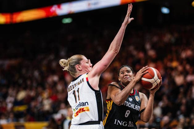 FIBA Women’s Basketball World Cup 2026: Belgium vs. Germany, September 10, 2026—Emma Meesseman (Belgium, 11) and Nyara Sabally (Germany, 8) on the ball—Basketball, FIBA Women’s Basketball World Cup 2026, Final Phase, Quarterfinals: Belgium vs. Germany on September 10, 2026, at the Uber Arena, Berlin Copyright: xBEAUTIFULxSPORTS Tonhäuserx