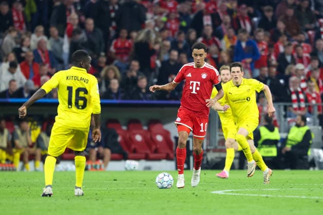 Jamal Musiala, FC Bayern Munich, No. 10, vs. Joshua Kitolano, FK Bodo Glimt, No. 16, GER, FC Bayern Munich vs. FK Bodo Glimt, Soccer, UEFA Champions League, Group Stage, Matchday 1, 2026–2027 Season, September 10, 2026, GER, FC Bayern Munich vs. FK Bodo Glimt, Soccer, UEFA Champions League, Group Stage, Matchday 1, 2026–2027 Season, September 10, 2026, Munich Copyright: xEibner-Pressefoto JennixMaulx EP_JML