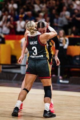FIBA Women’s Basketball World Cup 2026: Belgium vs. Germany, September 10, 2026. Alexandra Wilke (Germany), No. 3, hugs Luisa Geiselsoder (Germany), No. 15, CELEBRATION, cheering, Germany advances to the semifinals, after the game, celebration, celebrating basketball, FIBA Women’s Basketball World Cup 2026, Final Phase, quarterfinal Belgium vs. Germany on September 10, 2026, at the Uber Arena, Berlin Copyright: xBEAUTIFULxSPORTS Tonhäuserx