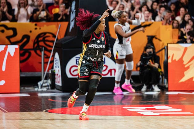 FIBA Women’s Basketball World Cup 2026: Belgium vs. Germany, September 10, 2026—Alexis Peterson of Germany, No. 1, celebrates; CELEBRATION; Basketball; FIBA Women’s Basketball World Cup 2026, Final Phase, Quarterfinals: Belgium vs. Germany on September 10, 2026, at the Uber Arena, Berlin Copyright: xBEAUTIFULxSPORTS Tonhäuserx