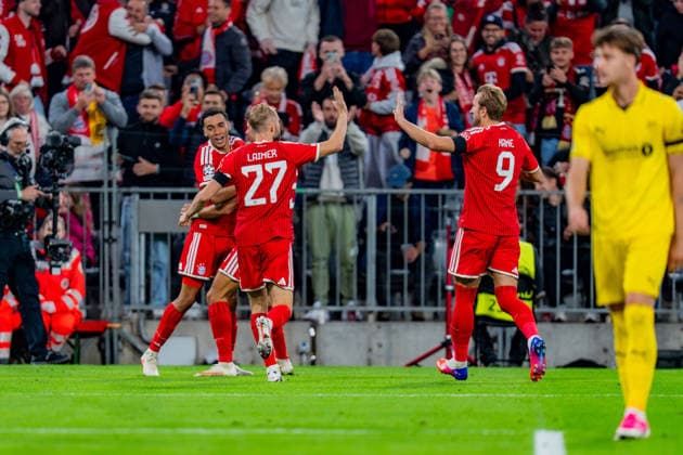 UEFA Champions League, Matchday 1, FC Bayern Munich vs. Bodo Glimt on September 10, 2026: Goal and celebration following the 1-0 score by Jamal Musiala, with Konrad Laimer, Joshua Kimmich, and Michael Olise Copyright: xBahhoxKarax
