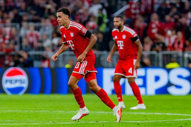 UEFA Champions League, Matchday 1, FC Bayern Munich vs. Bodo Glimt on September 10, 2026: Goal and celebration following the 1-0 score by Jamal Musiala, with Konrad Laimer, Joshua Kimmich, and Michael Olise Copyright: xBahhoxKarax