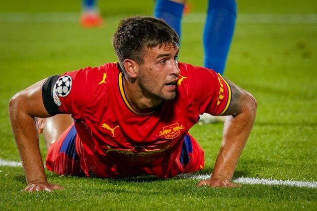 Italy Soccer UEFA Champions League 2026–2027, Matchday 1: Como 1907 vs. RB Leipzig; Giuseppe Sinigaglia (Como) and Marc Guiu (RB Leipzig); 9 on the ground; facial expressions, emotions Copyright: xJOERANxSTEINSIEKx