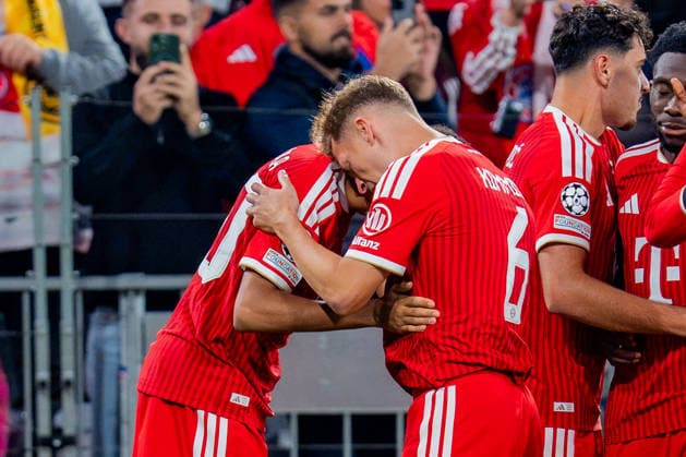 UEFA Champions League, Matchday 1, FC Bayern Munich vs. Bodo Glimt on September 10, 2026: Goal and celebration for the 1-0 lead by Jamal Musiala, with Konrad Laimer, Joshua Kimmich, and Michael Olise Copyright: xBahhoxKarax