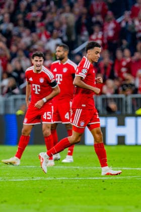 UEFA Champions League, Matchday 1, FC Bayern Munich vs. Bodo Glimt on September 10, 2026: Goal and celebration for the 1-0 lead by Jamal Musiala, with Konrad Laimer, Joshua Kimmich, and Michael Olise Copyright: xBahhoxKarax