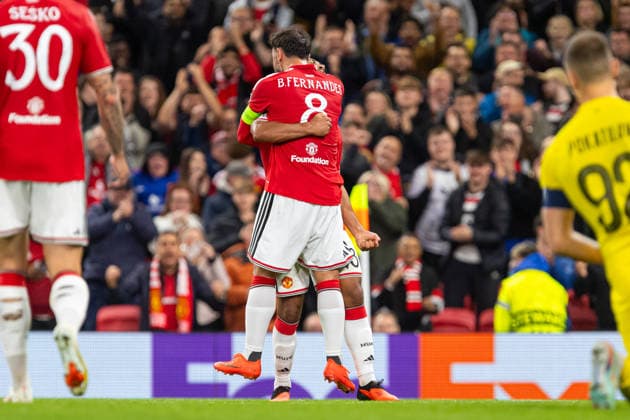 Bruno Fernandes and Youri Tielemans seen celebrating after goal during UEFA Champions League 2026 2027 league phase game between teams of Manchester United, ManU and Sabah FC (Ernest Kolodziej Ball Raw Images) Manchester Old Trafford England Copyright: xErnestxKolodziejx ernestkolodziej_manchester_sabah_2627_OL_2403