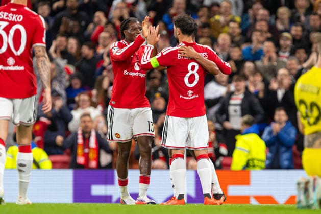 Bruno Fernandes, Patrick Dorgu and Youri Tielemans seen celebrating after goal during UEFA Champions League 2026 2027 league phase game between teams of Manchester United, ManU and Sabah FC (Ernest Kolodziej Ball Raw Images) Manchester Old Trafford England Copyright: xErnestxKolodziejx ernestkolodziej_manchester_sabah_2627_OL_2416