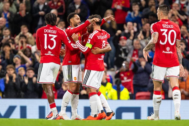 Bruno Fernandes and players of Manchester United, ManU seen celebrating after goal during UEFA Champions League 2026 2027 league phase game between teams of Manchester United and Sabah FC (Ernest Kolodziej Ball Raw Images) Manchester Old Trafford England Copyright: xErnestxKolodziejx ernestkolodziej_manchester_sabah_2627_OL_2435