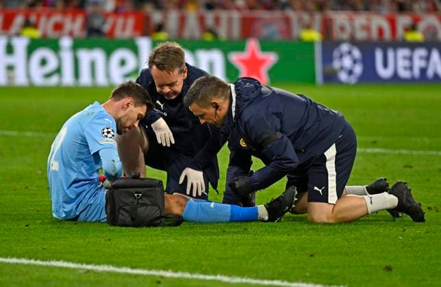 September 10, 2026, Soccer: UEFA Champions League 2026–2027, Matchday 1, FC Bayern Munich vs. FK Bodo Glimt, at the Allianz Arena in Munich, goalkeeper Nikita Haikin of FK Bodo Glimt injured on the ground