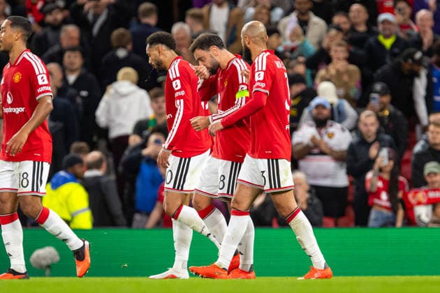 Bruno Fernandes seen celebrating after goal during UEFA Champions League 2026 2027 league phase game between teams of Manchester United, ManU and Sabah FC (Ernest Kolodziej Ball Raw Images) Manchester Old Trafford England Copyright: xErnestxKolodziejx ernestkolodziej_manchester_sabah_2627_OL_2474