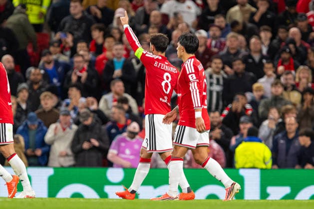Bruno Fernandes seen celebrating after goal during UEFA Champions League 2026 2027 league phase game between teams of Manchester United, ManU and Sabah FC (Ernest Kolodziej Ball Raw Images) Manchester Old Trafford England Copyright: xErnestxKolodziejx ernestkolodziej_manchester_sabah_2627_OL_2482