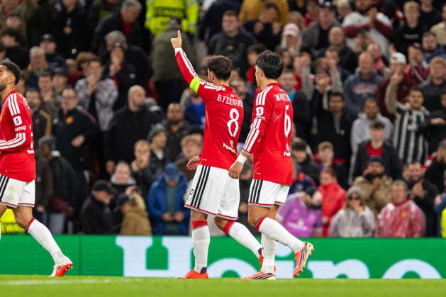 Bruno Fernandes seen celebrating after goal during UEFA Champions League 2026 2027 league phase game between teams of Manchester United, ManU and Sabah FC (Ernest Kolodziej Ball Raw Images) Manchester Old Trafford England Copyright: xErnestxKolodziejx ernestkolodziej_manchester_sabah_2627_OL_2487