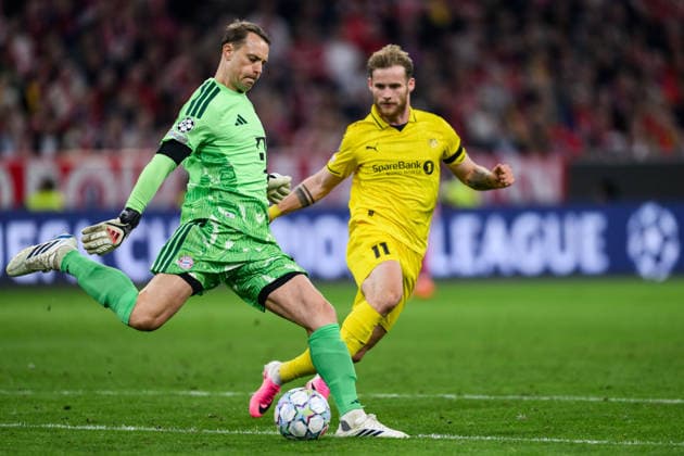 September 10, 2026: Goalkeeper Manuel Neuer of Bayern Munich and Ole Didrik Blomberg of Bodo Glimt during the UEFA Champions League soccer match between Bayern Munich and Bodo Glimt on September 10, 2026 in Munich. Photo by Marius Simensen, BILDBYRAN COP 238 MM0073 bbeng football soccer UEFA Champions League Bodo Glimt Bayern Munich  Copyright: MARIUSxSIMENSEN BB260910BB800