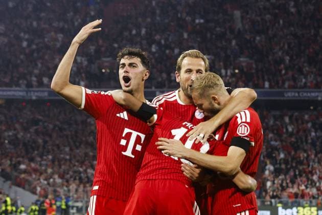 MUNICH - (l-r) Aleksandar Pavlovic of FC Bayern Munchen, Jamal Musiala of FC Bayern Munchen, Harry Kane of FC Bayern Munchen, Konrad Laimer of FC Bayern Munchen celebrate 1-0 during the Champions League between FC Bayern Munich and FK Bodo Glimt on September 10, 2026 at the Allianz Arena in Munich, Germany. BART STOUTJESDIJK ANP UEFA Champions League 2026 27 xVIxANPxSportx xBartxStoutjesdijkxIVx 567945503 originalFilename: 567945503.jpg