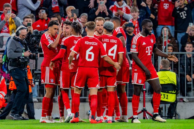 UEFA Champions League, Matchday 1, FC Bayern Munich vs. Bodo Glimt on September 10, 2026: Goal and celebration following Jamal Musiala s 1–0 goal, with Konrad Laimer, Joshua Kimmich, and Michael Olise Copyright: xBahhoxKarax