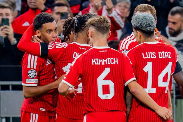 UEFA Champions League, Matchday 1, FC Bayern Munich vs. Bodo Glimt on September 10, 2026: Goal and celebration following Jamal Musiala s 1–0 goal, with Konrad Laimer, Joshua Kimmich, and Michael Olise Copyright: xBahhoxKarax