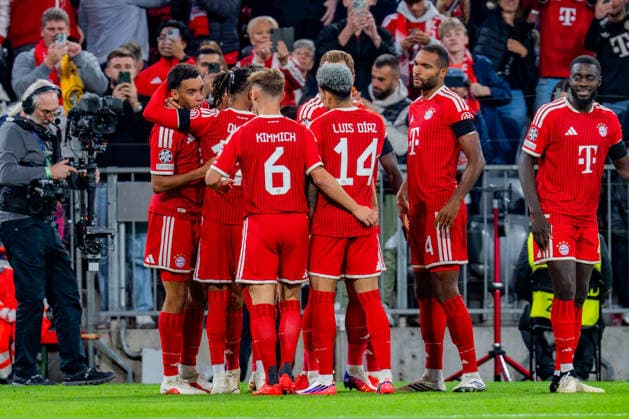 UEFA Champions League, Matchday 1, FC Bayern Munich vs. Bodo Glimt on September 10, 2026: Goal and celebration following Jamal Musiala s 1–0 goal, with Konrad Laimer, Joshua Kimmich, and Michael Olise Copyright: xBahhoxKarax