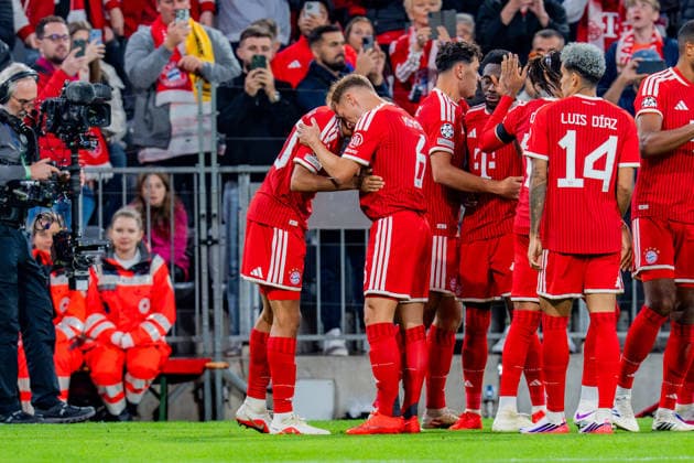 UEFA Champions League, Matchday 1, FC Bayern Munich vs. Bodo Glimt on September 10, 2026: Goal and celebration following Jamal Musiala s 1–0 goal, with Konrad Laimer, Joshua Kimmich, and Michael Olise Copyright: xBahhoxKarax