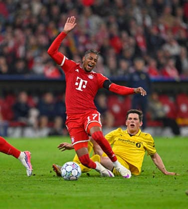 September 10, 2026, Soccer: 2026–2027 UEFA Champions League, Matchday 1, FC Bayern Munich vs. FK Bodo Glimt, at the Allianz Arena in Munich, Sondre Brunstad Fet (FK Bodo Glimt) vs. Michael Olise (FC Bayern Munich)