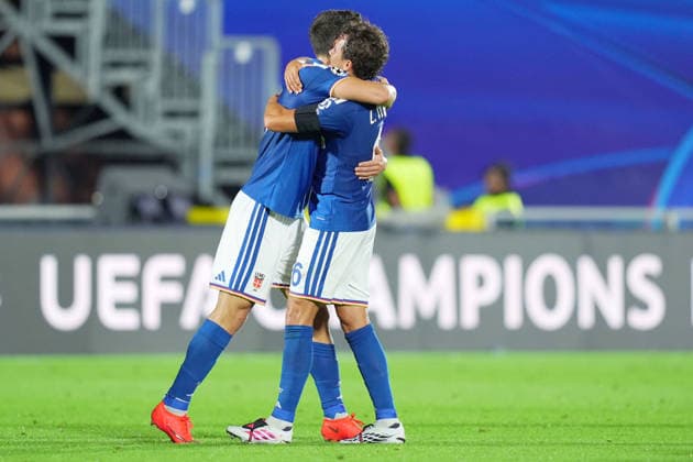 Como™s Tasos Douvikas celebrates after scoring 2-0 during the UEFA Champions League football match between Como and RB Leipzig - Champions League 2026 2027 - Giuseppe Sinigallia in Como , north Italy - Thursday , September 10 , 2026. - Soccer  Copyright: xSpada LaPressex