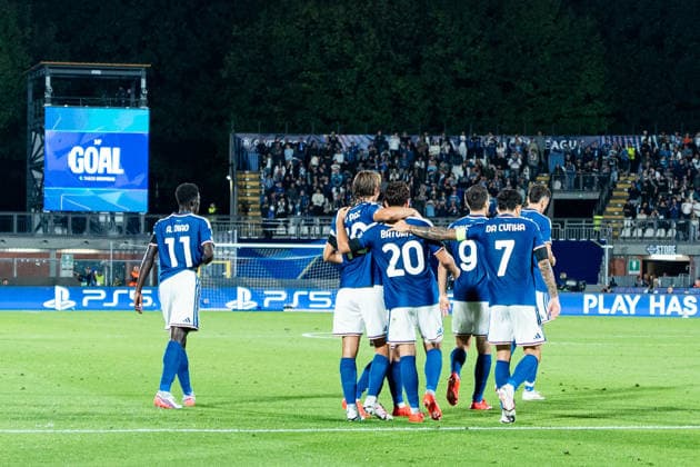 Soccer, Italy, UEFA Champions League, Matchday 1: Como 1907 vs. RB Leipzig, Thursday, September 10, 2026, Stadio Giuseppe Sinigaglia, Como. Como celebrates after Anastasios Douvikas scores to make it 2–0, Como 1907, celebration, goal, goal celebration Copyright: xValentinxDomgjonix