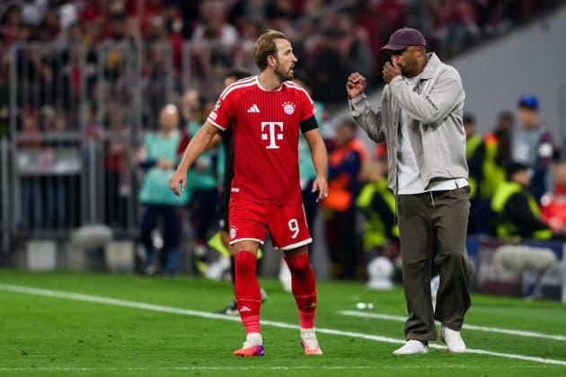 September 10, 2026: Harry Kane and Bayern Munich head coach Vincent Kompany after the 2–0 result during the UEFA Champions League soccer match between Bayern Munich and Bodo Glimt on September 10, 2026 in Munich. Photo by Marius Simensen, BILDBYRAN COP 238 MM0073 bbeng football soccer UEFA Champions League Bodo Glimt Bayern Munich celebration  Copyright: MARIUSxSIMENSEN BB260910BB816