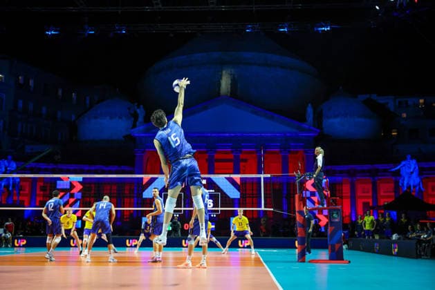 Italia s Daniele Lavia during the opening match of the CEV Enel Eurovolley 2026, between Italy and Sweden, Piazza del Plebiscito, Naples, September 10, 2026.  Copyright: xAlessandroxGarofalo LaPressex